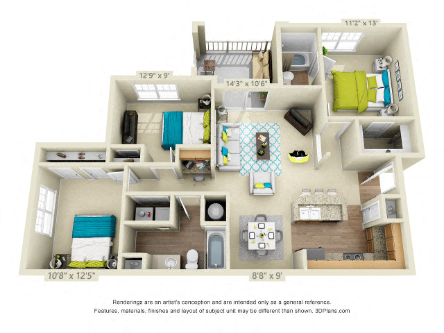 Floor plan for 3 beds, 2 baths, 1187 sqft
